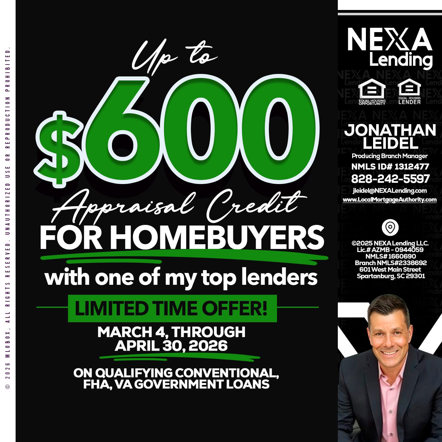 up to $600 - Jonathan Leidel -Producing Branch Manager