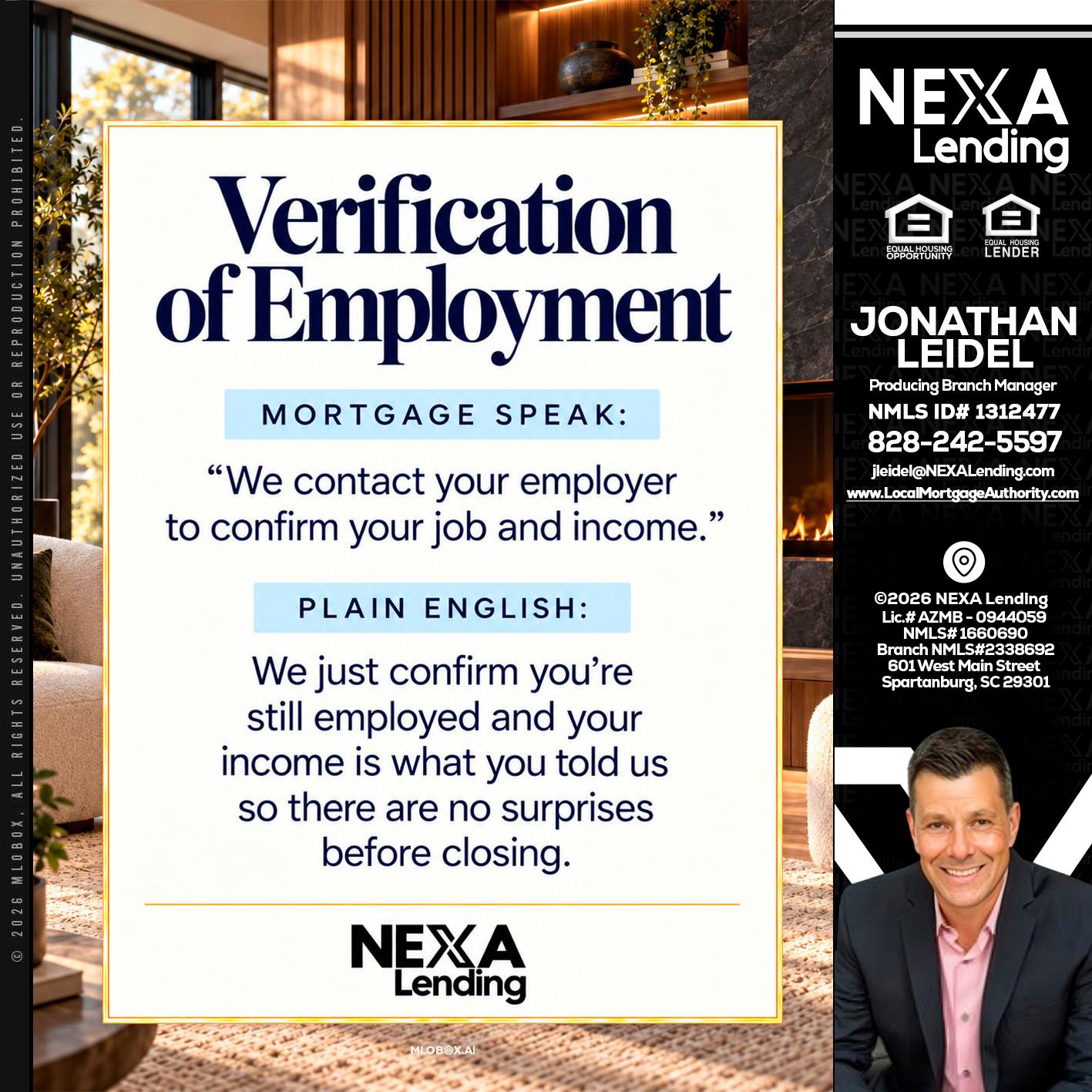 VERIFICATION OF EMPLOYMENT - Jonathan Leidel -Producing Branch Manager